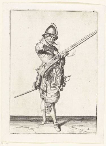 Soldier shaping the match on the cock of his arquebus to the correct position and form