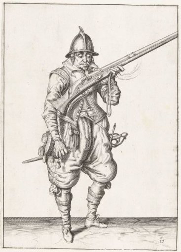 Soldier blowing sparks from the pan of his musket