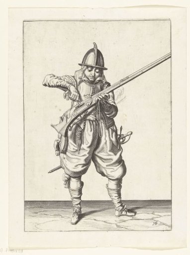 Soldier pouring powder into the pan of his musket