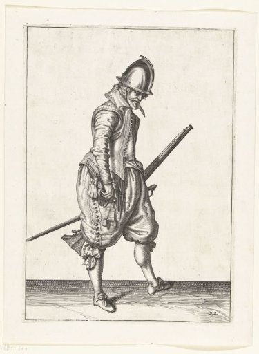 Soldier with a musket opening his powder horn