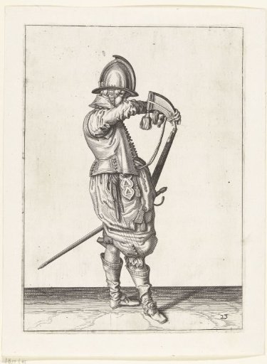 Soldier pouring powder into the barrel of his musket