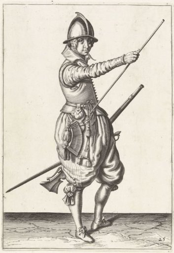 Soldier with a musket sliding his right hand to the end of his ramrod