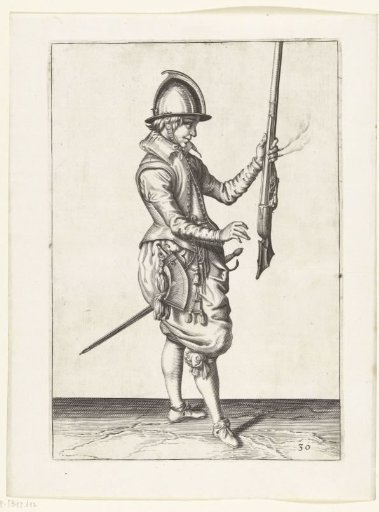 Soldier holding his musket upright with his left hand