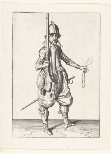 Soldier holding his musket upright with his right hand