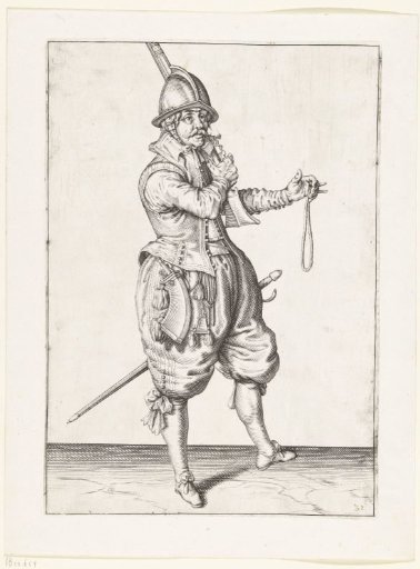 Soldier placing his musket on his shoulder with his right hand