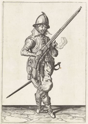 Sentry holding his musket diagonally upward with his right hand while letting the barrel fall in his left hand