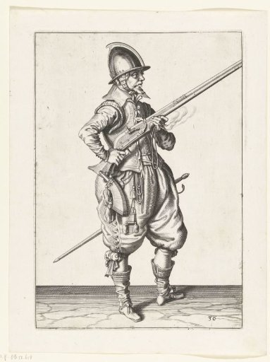 Sentry holding his musket diagonally upward at his right side with his right hand, finger on the trigger