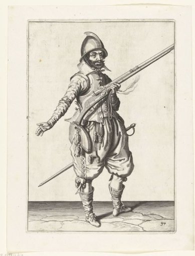 Sentry holding his musket diagonally upward at his right side with his left hand, his right hand extended