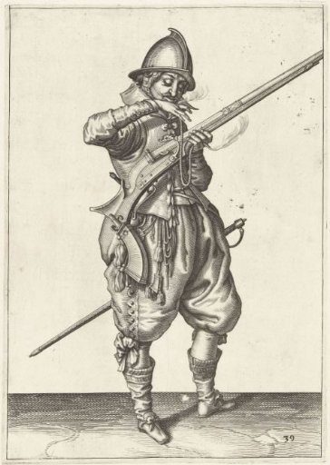 Soldier on guard with a matchlock, blowing the match to his mouth to clean it