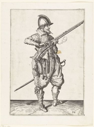 Sentry covering the pan of his musket with two fingers against sparks
