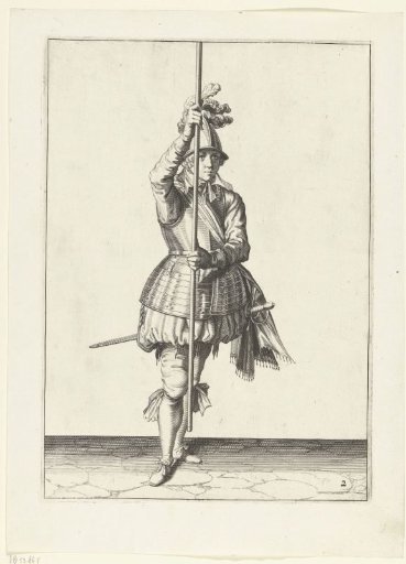 Soldier, seen from the front, holding his pike upright in front of him with both hands slightly above the ground