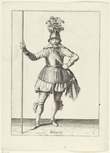 Soldier, seen from the front, holding his pike upright with his right hand