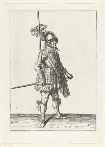 Soldier holding his spear upright with his right hand in the bowl of his right arm