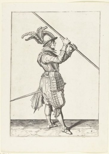 Soldier carrying his spear with both hands close together above his right shoulder, the point angled towards the ground
