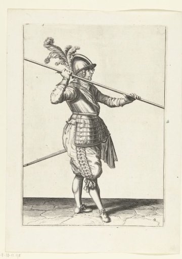 Soldier carrying his spear almost horizontally above his right shoulder