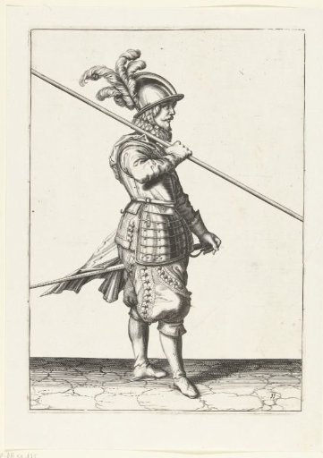Soldier carrying his spear on his right shoulder, the point angled towards the ground