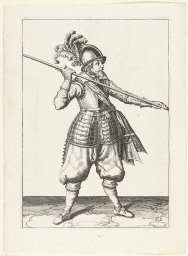 Soldier carrying his spear with both hands far apart above his right shoulder, the point angled towards the ground