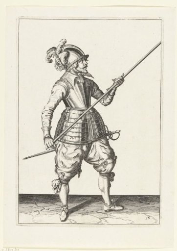 Soldier carrying his spear with both hands at his right side, the point angled upwards