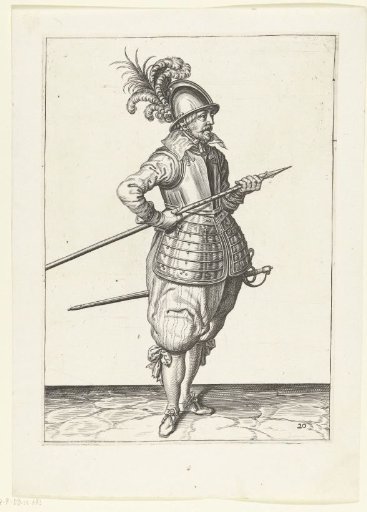 Soldier carrying his spear with both hands at his right side, the point angled upwards and close to his stomach