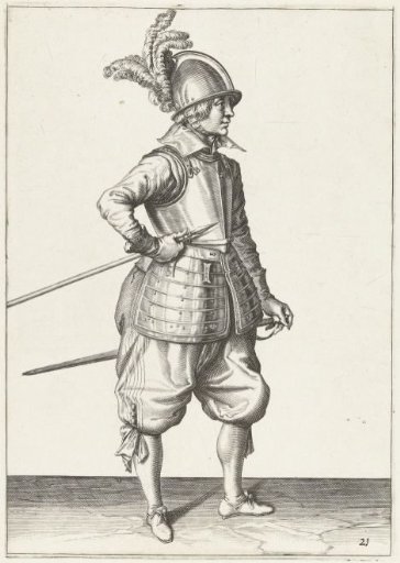 Soldier carrying his spear with his right hand at his right side, the point angled upwards and close to his stomach