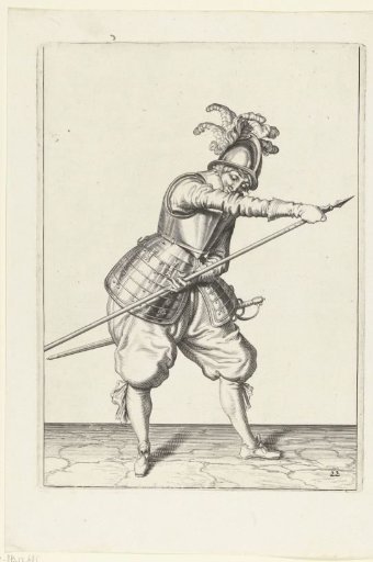 Soldier thrusting the point of his spear forward with his right hand and grasping the shaft with his left hand