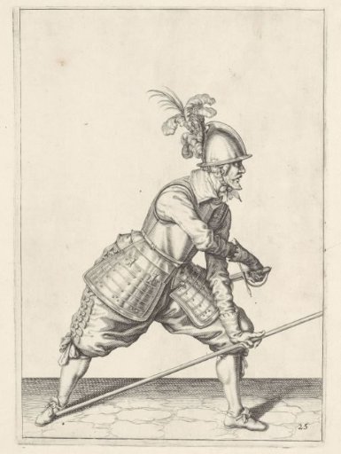 Soldier placing his spear against his right foot with his left hand and drawing his sword with his right hand