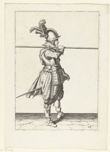 Soldier carrying his spear horizontally on his right shoulder