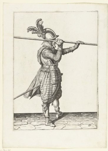 Soldier lifting his spear horizontally above his right shoulder with both hands