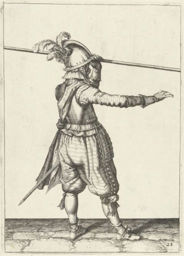 Soldier carrying his spear with his left hand above his left shoulder, his right hand extended forward