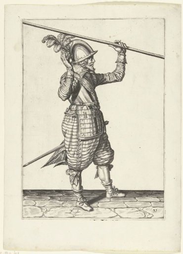 Soldier lifting his spear with his left hand above his left shoulder, his right hand raised to take it