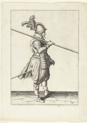 Soldier carrying his spear on his right shoulder, the point angled towards the ground