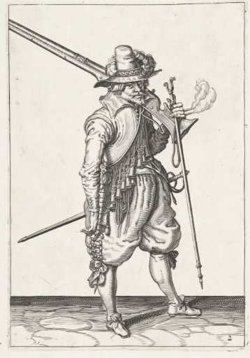 Soldier carrying his musket on his left shoulder and holding his fork in his left hand