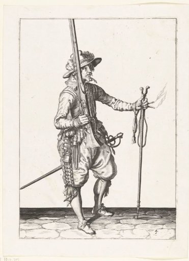 Soldier holding his musket upright with his right hand, holding the fork in his left hand to place it on his weapon