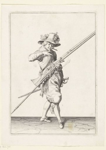 Soldier with a musket bringing his match to his mouth to blow it clean