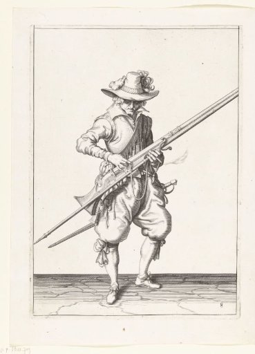 Soldier pressing his match onto the cock of his musket