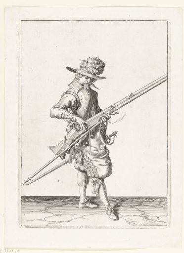 Soldier adjusting the match on the flintlock of his musket