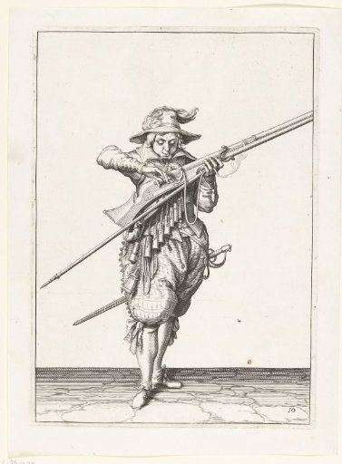 Soldier blowing his match clean while covering the pan of his musket with two fingers to prevent sparks