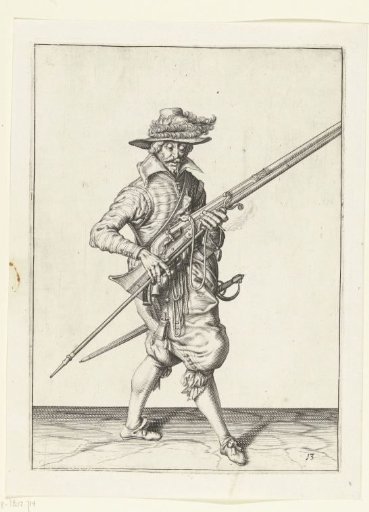 Soldier holding his musket diagonally upward with his left hand while removing the fork from under the barrel