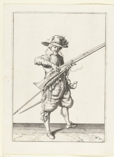 Soldier detaching the match from the flintlock of his musket