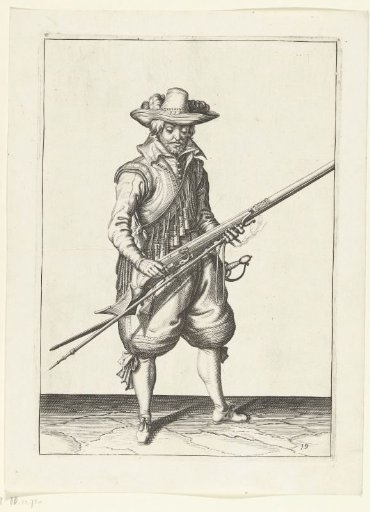Soldier shaking powder from his musket