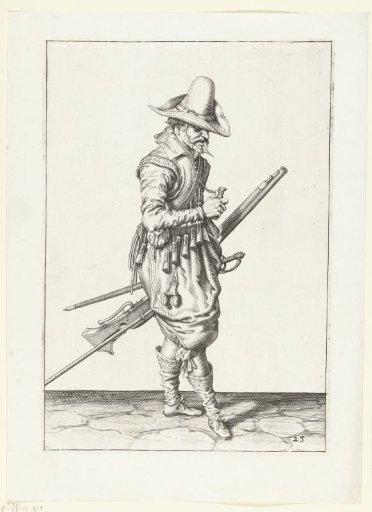 Soldier with a musket opening a powder measure