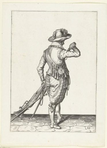 Soldier pouring powder into the barrel of his musket