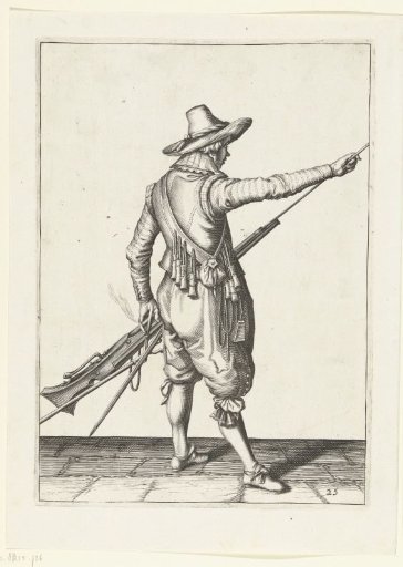 Soldier taking his ramrod from the holder under the barrel of his musket