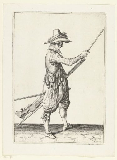 Soldier sliding his ramrod into the holder under the barrel of his musket