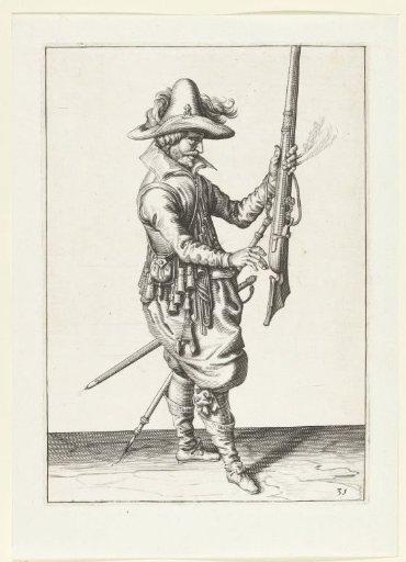 Soldier holding his musket upright with his left hand