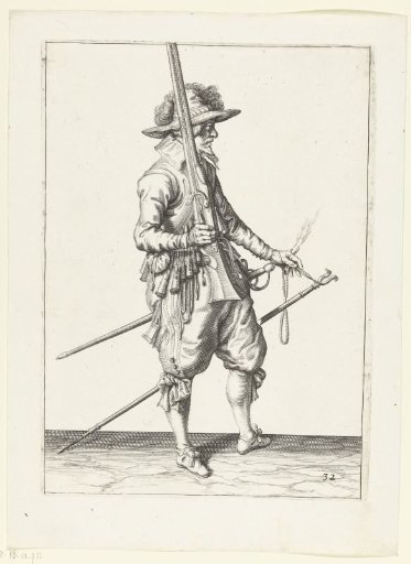 Soldier holding his musket upright with his right hand