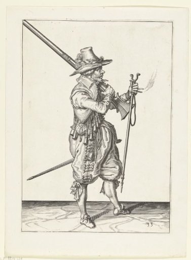 Soldier resting his musket on his shoulder with his right hand
