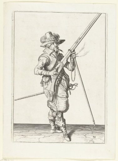 Sentry holding his musket diagonally upward with his right hand while placing the barrel on his fork with his left hand