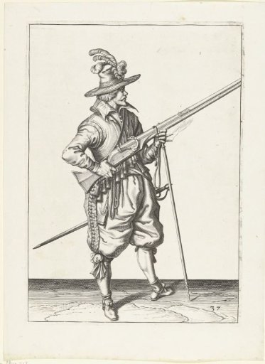 Sentry holding his musket diagonally upward at his right side, finger on the trigger