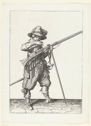 Sentry with a musket bringing his match to his mouth to blow it clean